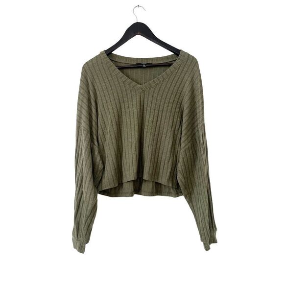 Lulus Olive Green Ribbed V-neck Crop Sweater Top‎ - Picture 3 of 7